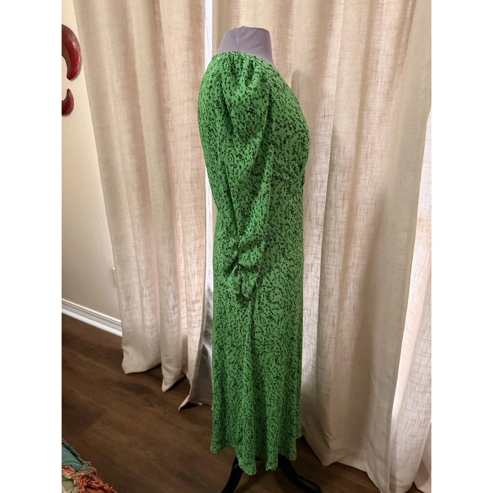 MNG Green Floral Print Midi Dress Long Sleeve V Neck Ruched Waist - Picture 3 of 9